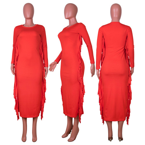 Fashion Solid Color Round Neck Tassel Dress