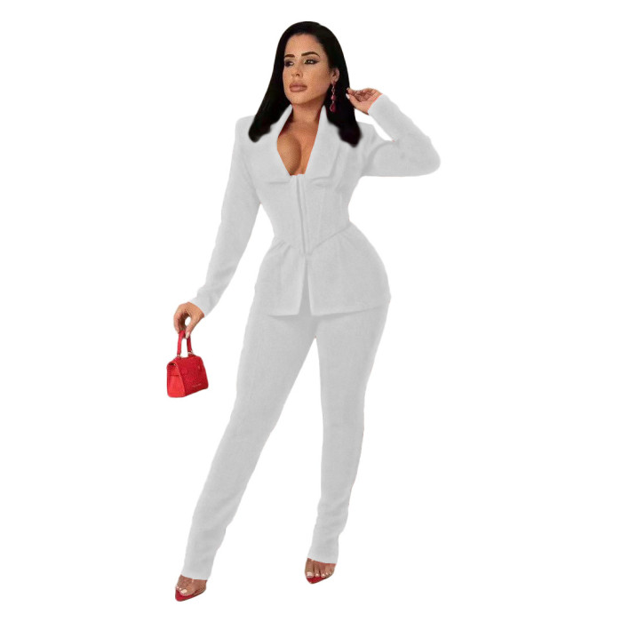 Women 2 Piece Blazer Work Suits V-Neck Zipper Jacket Top and Pant Sets Office Business Sets Clothes for Women