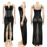 Fall Formal Luxury Beaded Strap Slit Evening Dress