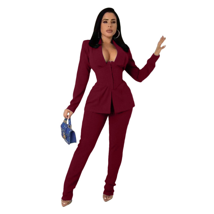 Women 2 Piece Blazer Work Suits V-Neck Zipper Jacket Top and Pant Sets Office Business Sets Clothes for Women