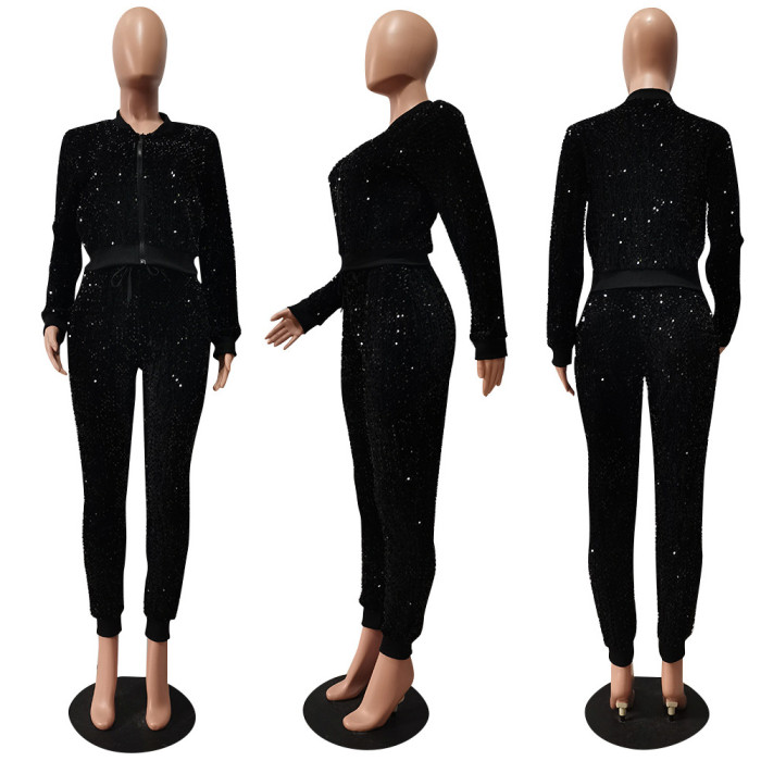 Casaul Women Two Piece Set Sequin Front Zipper Full Sleeve Jacket Coat + Long Pants Tracksuit Sportsuit Matching Suit For Women