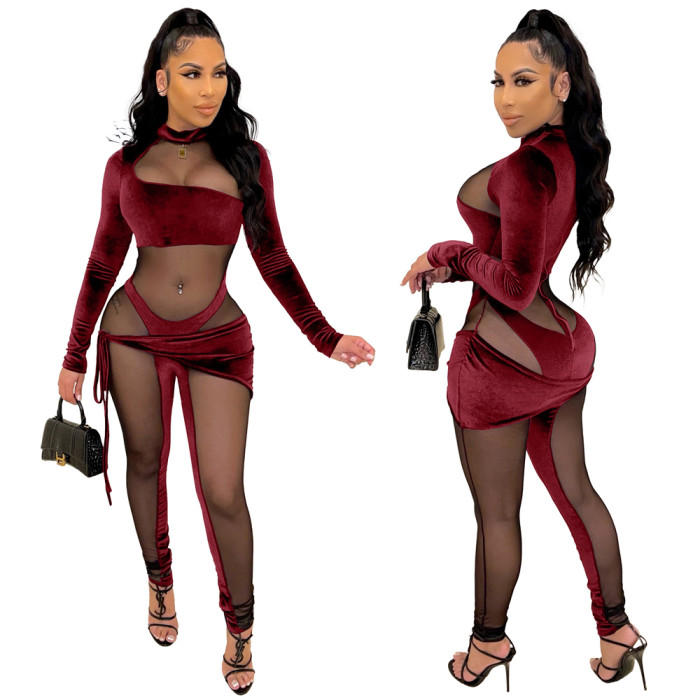 Sexy Velvet Mesh Patch long Sleeve Tight Jumpsuit