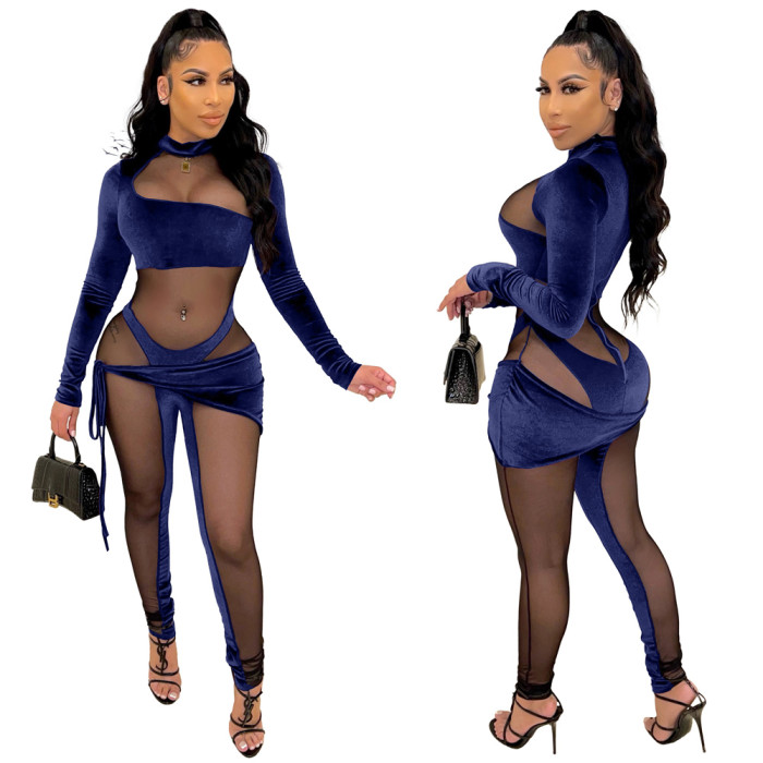 Sexy Velvet Mesh Patch long Sleeve Tight Jumpsuit