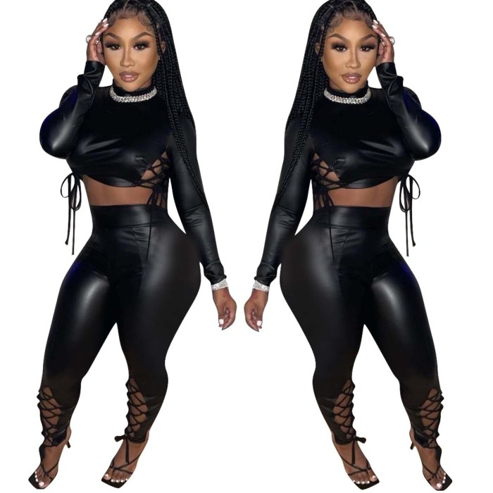 Party Black Leather Lace-Up Tight Crop Top and Pants Set