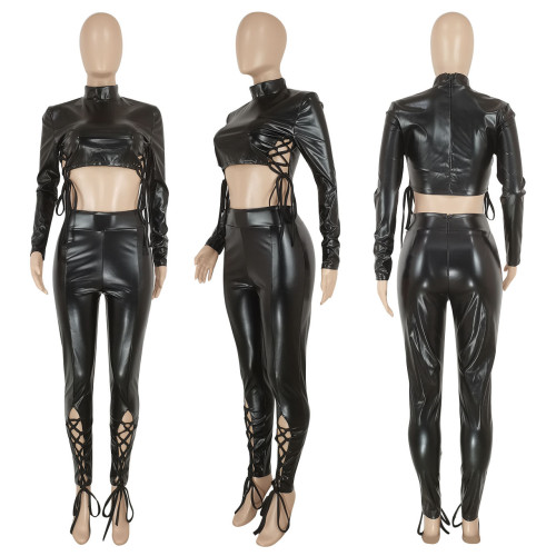 Party Black Leather Lace-Up Tight Crop Top and Pants Set