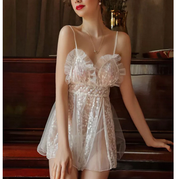 Sexy V neck sheer sleeveless lace bowtie lingerie