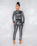 Striped Sequin Two Piece High Waisted Long Sleeve Clubwear Pants Suit