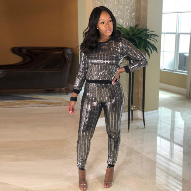 Striped Sequin Two Piece High Waisted Long Sleeve Clubwear Pants Suit