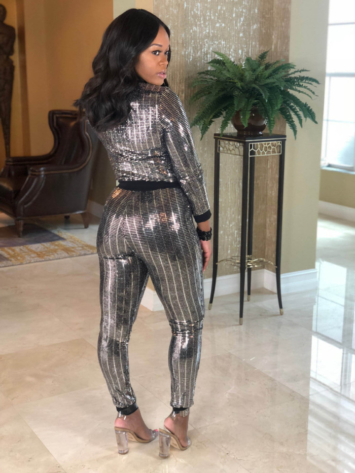 Striped Sequin Two Piece High Waisted Long Sleeve Clubwear Pants Suit