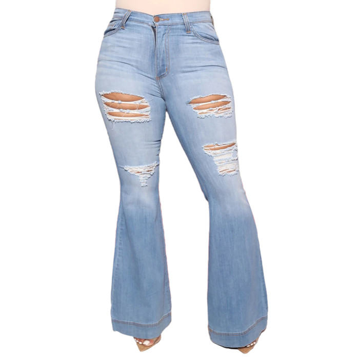 Plus Size High Waist Ripped Flare Jeans