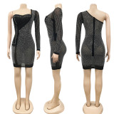 Hot Rhinestone Mesh Perspective One Shoulder Party Dress