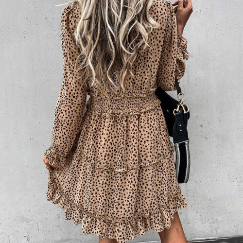 Leopard V-Neck Long Sleeve Casual Dress