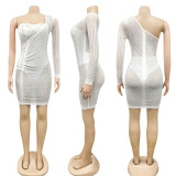 Hot Rhinestone Mesh Perspective One Shoulder Party Dress