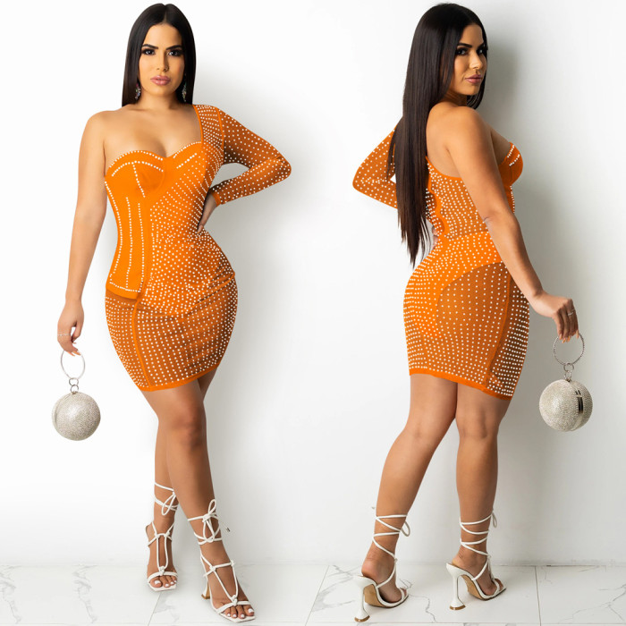 Hot Rhinestone Mesh Perspective One Shoulder Party Dress