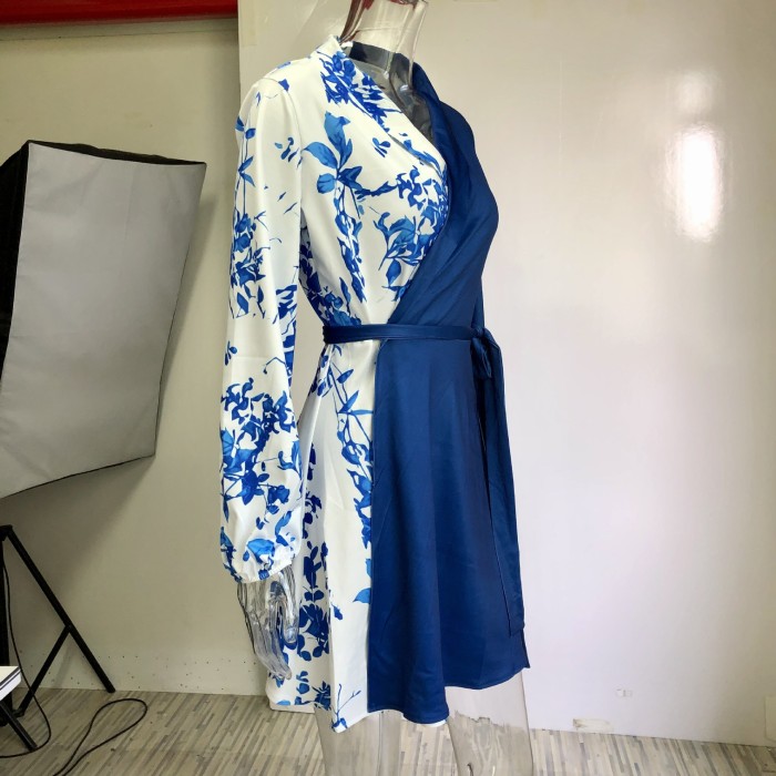 Print V-Neck Wrap Elegant Cocktail Dress