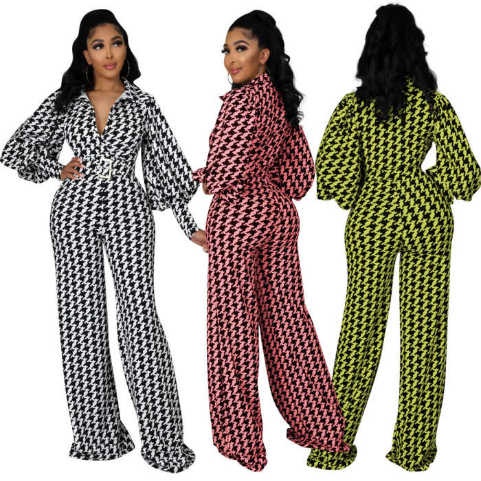 Printed Lantern Bubble Sleeve Wide Leg Jumpsuit (including belt)