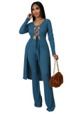ribbed knit long cardigan and flare pant set 