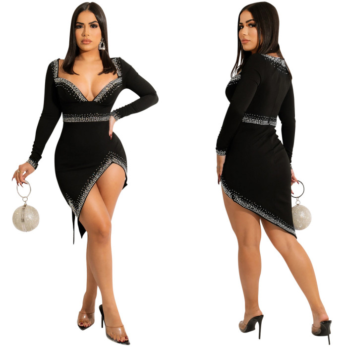 Women's Diamond Nightclub V-Neck Long Sleeve Split Irregular Dress