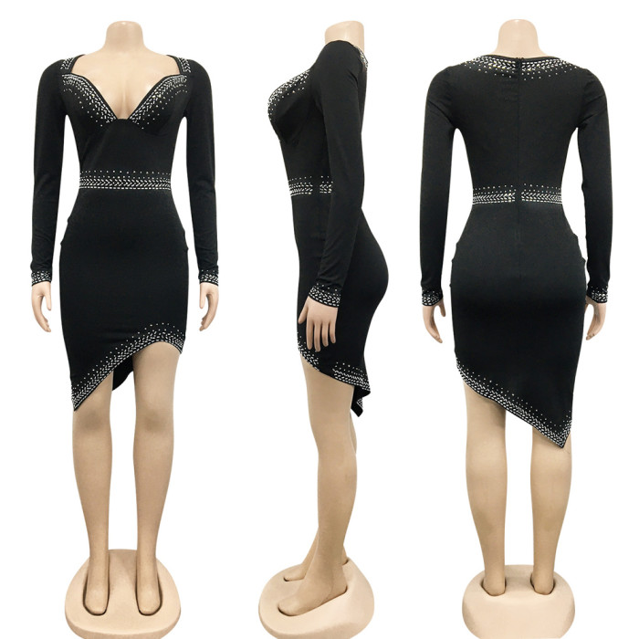 Women's Diamond Nightclub V-Neck Long Sleeve Split Irregular Dress