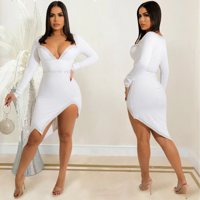 Women's Diamond Nightclub V-Neck Long Sleeve Split Irregular Dress