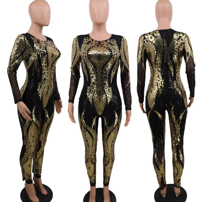 Sequins Long Sleeve Bodycon Jumpsuit