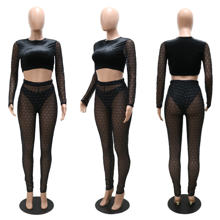 Black Beading Sexy Crop Top and Mesh Pants Two Piece Set