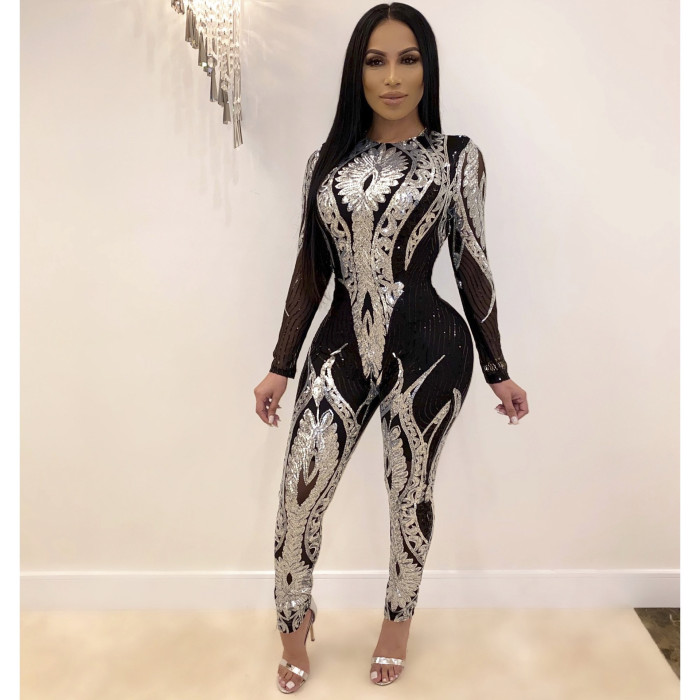 Sequins Long Sleeve Bodycon Jumpsuit