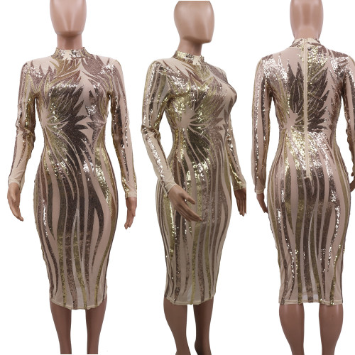 Sequins Sexy Party Long Sleeve Midi Dress