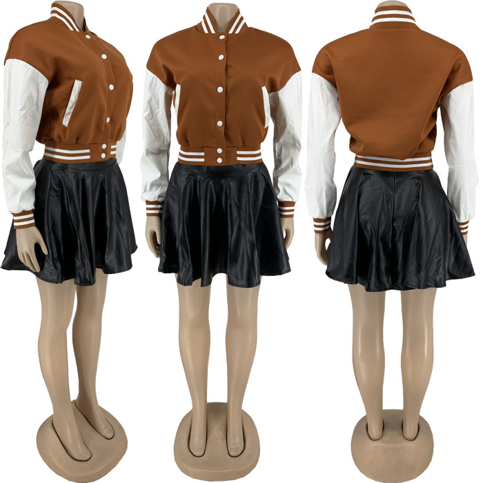 Patch Baseball Jacket and PU Leather Mini Skirt Set