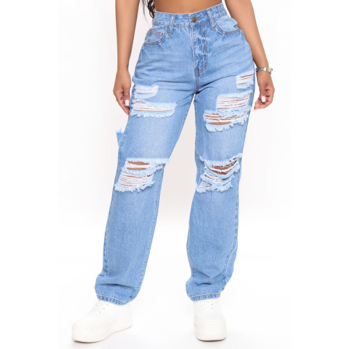 Casual Ripped High Waist Baggy Blue Jeans