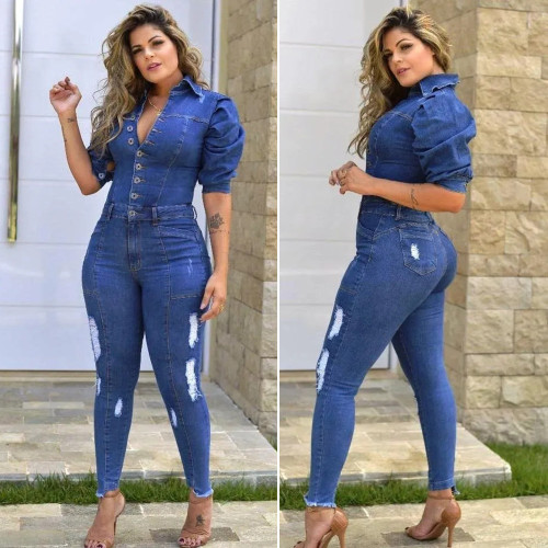 Blue Button Up Short Sleeves Ripped Denim Jumpsuit