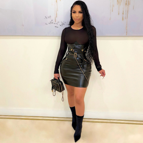 Sexy Black Mesh Patch Long Sleeve PU Leather Bodycon Dress with Belt