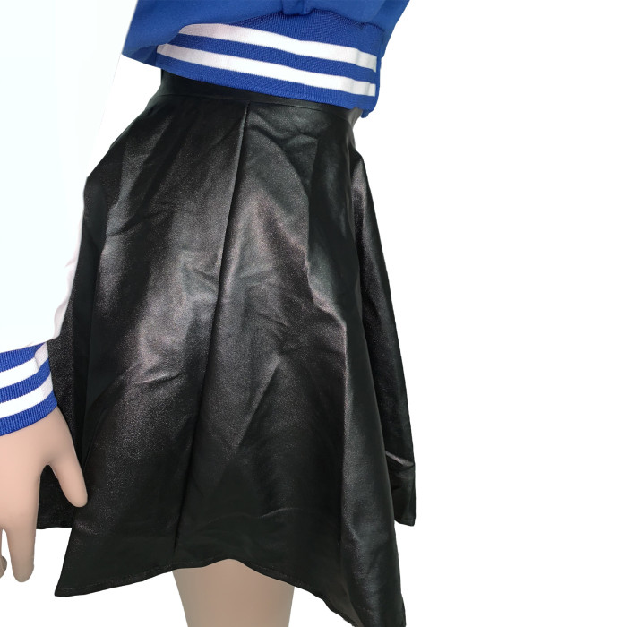 Patch Baseball Jacket and PU Leather Mini Skirt Set