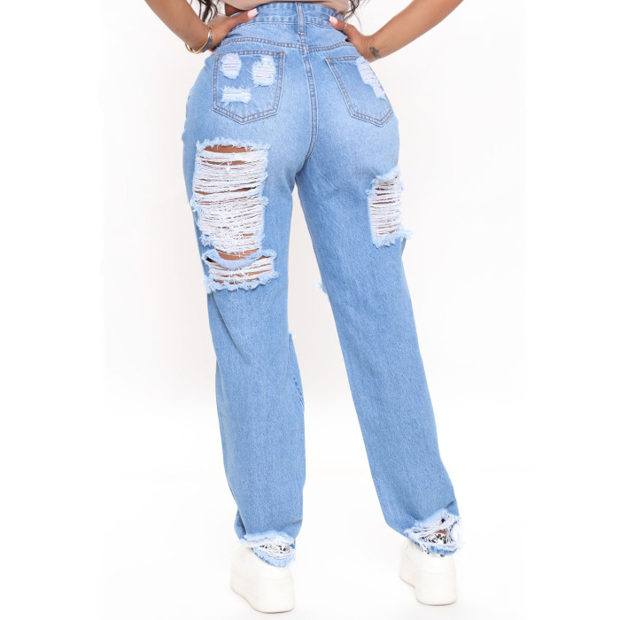 Casual Ripped High Waist Baggy Blue Jeans