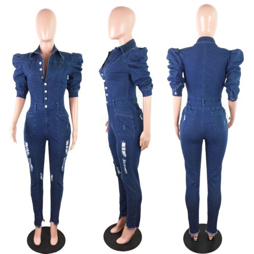 Blue Button Up Short Sleeves Ripped Denim Jumpsuit