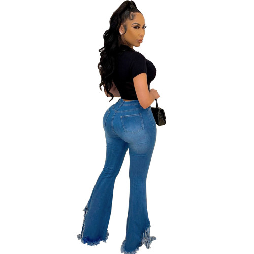 Blue Low Waist Ripped stretchy Flare Jeans