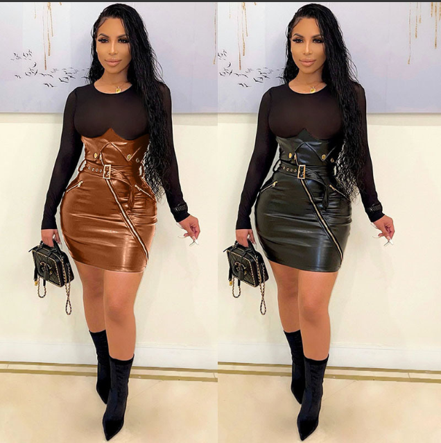 Sexy Black Mesh Patch Long Sleeve PU Leather Bodycon Dress with Belt