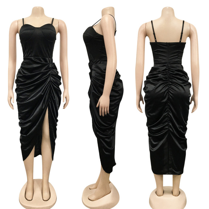 Satin Irregular Ruched Strap Sexy Party Dress
