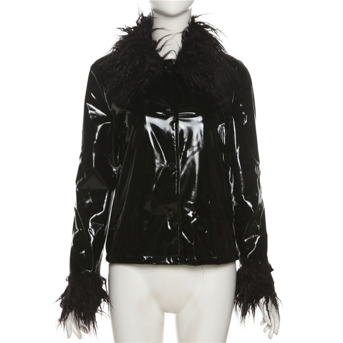 Winter Trendy PU Leather Button Up Jacket with Fur Collar