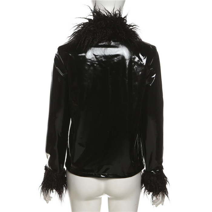 Winter Trendy PU Leather Button Up Jacket with Fur Collar