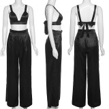 Lace Up Backless Vest High Waist Wide Leg Pants Casual Suit