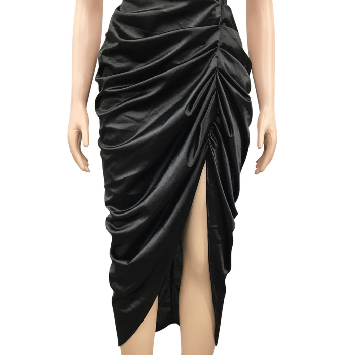 Satin Irregular Ruched Strap Sexy Party Dress