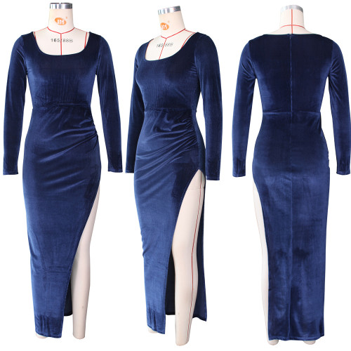 Winter Velour Square Neck Irregular Long Evening Dress