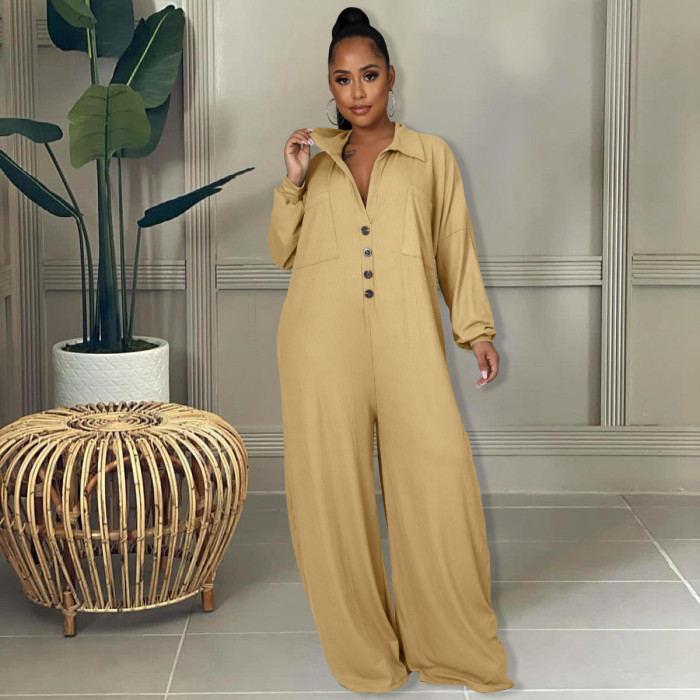 Bell Bottom One Piece Loose Wide Leg Jumpsuit With Pocket