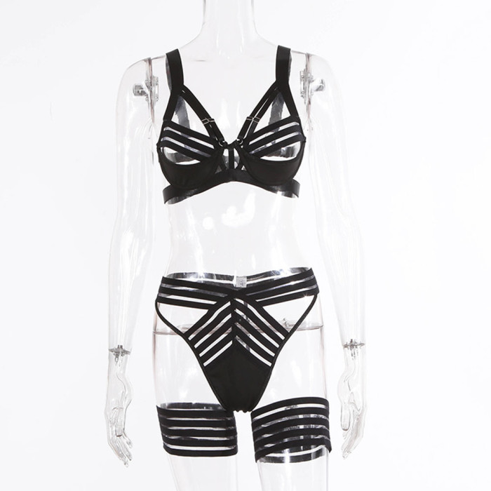 Sexy Black Hollow Out Stripes Bra and Panty Galter Lingerie Set