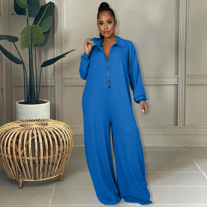 Bell Bottom One Piece Loose Wide Leg Jumpsuit With Pocket