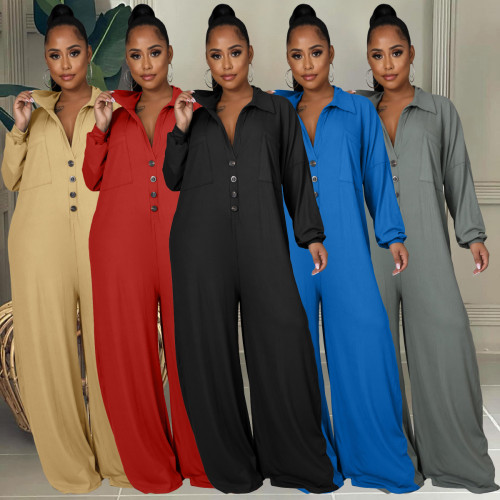 Bell Bottom One Piece Loose Wide Leg Jumpsuit With Pocket