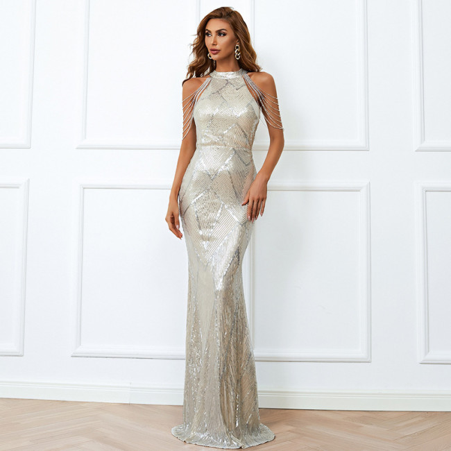 Sliver Halter Neck Sequin Mermaid Prom Dress