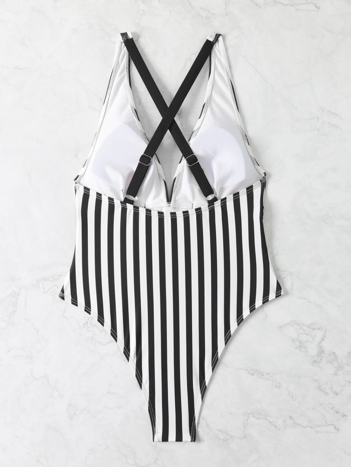 Striped Criss Cross Belted One Piece Swimsuit