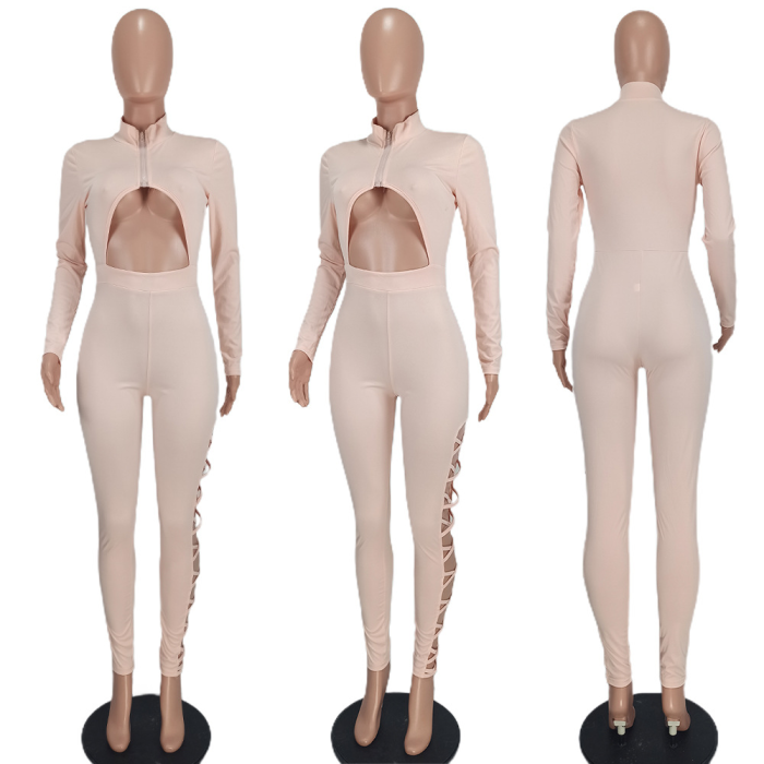 long sleeve hollow out bandage sexy jumpsuit clubwear 